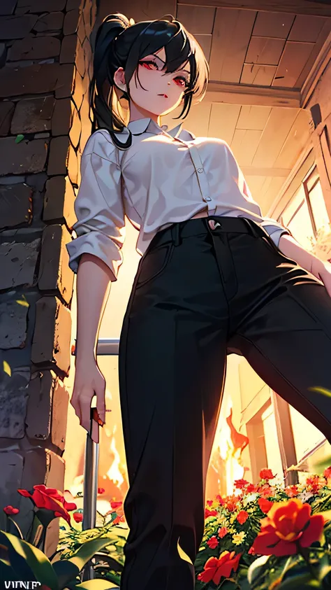 Female , Black Hair Ponytail ,  tall , Work clothes , black pants ,  Fantasy , Fire,  red-eyed , Playing chess , Evil ,
