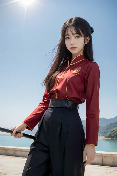 (masterpiece), best quality, expressive eyes, perfect face, 1girl, long black hairstyle, long quarterstaff, Chinese combat outfit which has a red shirt and black pants, standing on the cloud,