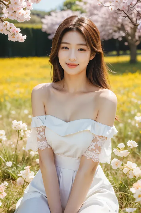 Best quality, masterpiece, ultra high res, (photorealistic:1.4), raw photo, 1girl, white dress, off shoulder, blossom flower field, glowing skin, light smile