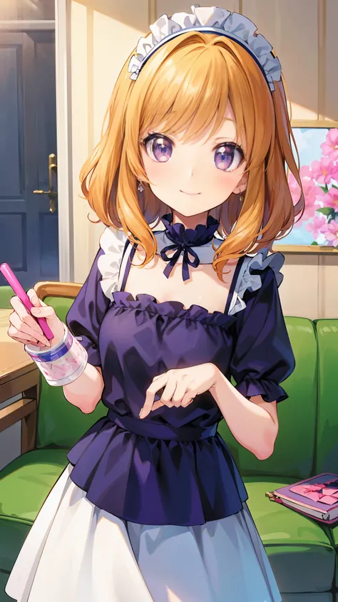 ((Highest quality, High Resolution,  perfect pixels , 16k)),anime style girl，orange hair，medium hair on a bike、 detailed eyes, portrait, masterpiece, best quality, intricate details, absurdres（big eyes），cute pink maid clothes，style is outstanding，２０age，１pe...