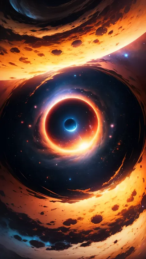 best quality, 4K, 8K, highres, masterpiece:1.5), ultra-detailed, (realistic, photorealistic:1.5), a giant black hole devouring a bright blue sun, reality bending around it, cosmic energy bursts, gravitational waves distorting space, surreal and breathtakin...
