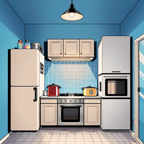 "Minimalist colorful flat design of a modern kitchen with geometric appliances and monochrome decor.