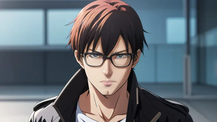 A 25-year-old anime boy with black hair, brown honey eyes and an expression of intense anger, wearing a futuristic black jacket with details. The background is a realistic 25-year-old day, he is facing, With glasses on his head anime