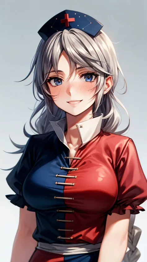 (Ultra High Quality,Ultra High Definition,16k,super masterpiece,Ultra HD , detailed shading and background,) one woman,Long silver hair, braids, Chest Valley,smile, nurse cap ,blush,Old medical room,