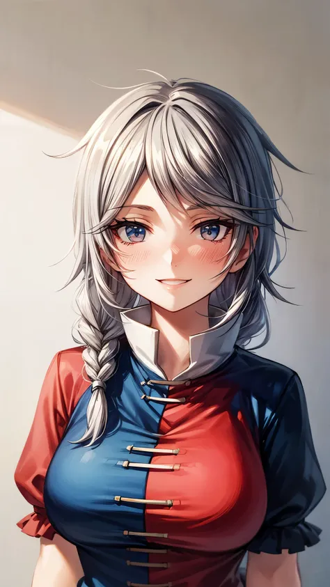 (Ultra High Quality,Ultra High Definition,16k,super masterpiece,Ultra HD , detailed shading and background,) one woman,Long silver hair, braids, Chest Valley,smile, nurse cap ,blush,Old medical room,