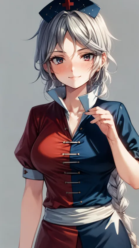 (Ultra High Quality,Ultra High Definition,16k,super masterpiece,Ultra HD , detailed shading and background,) one woman,Long silver hair, braids, Chest Valley,smile, nurse cap ,blush,Old medical room,