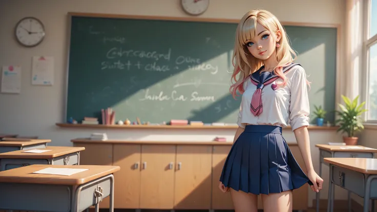 1girl, solo, single girl, young girl, Standing in a classroom, Cute blonde girl wearing revealing pink high-school uniform in classroom, sexy, petite, blue eyes, popular girl, standing in front of the chalkboard,
