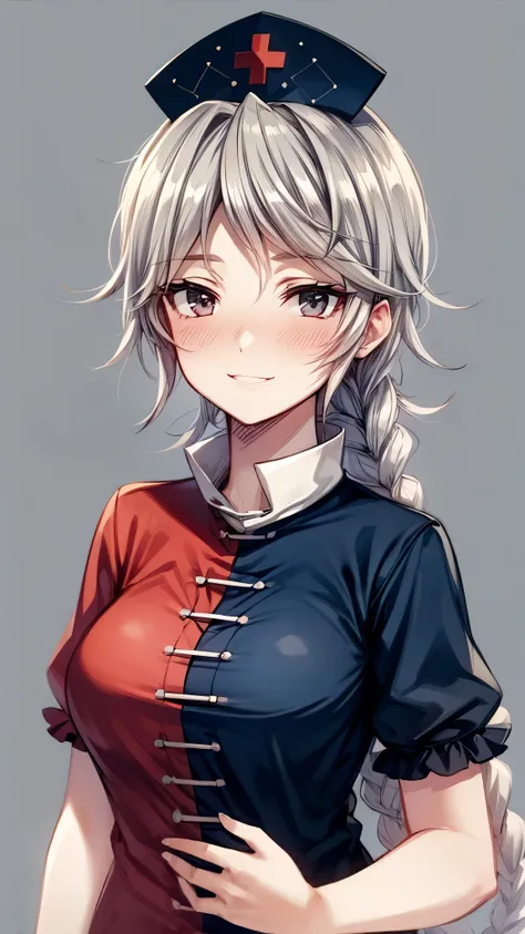 (Ultra High Quality,Ultra High Definition,16k,super masterpiece,Ultra HD , detailed shading and background,) one woman,Long silver hair, braids, Chest Valley,smile, nurse cap ,blush,Old medical room,