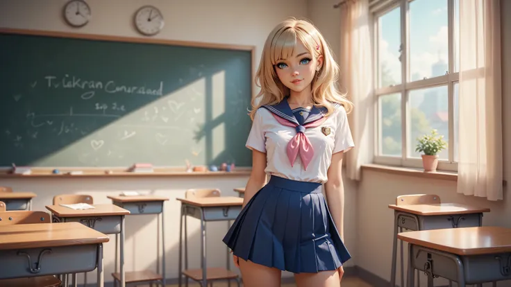 1girl, solo, single girl, young girl, Standing in a classroom, Cute blonde girl wearing revealing pink high-school uniform in classroom, sexy, petite, blue eyes, popular girl, standing in front of the chalkboard, 