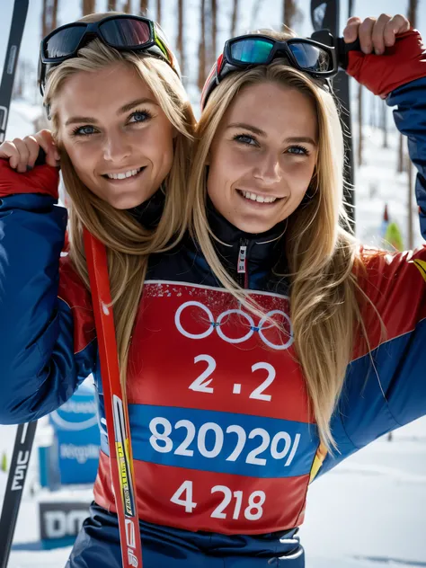 2heads, highly detailed, best resolution, closeup, two-headed girl, age 21, Norwegian, beautiful, dark blonde hair, pale skin, Olympic skier, on ski slope, posing with a set of skis, wearing her country's colors,