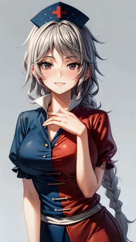 (Ultra High Quality,Ultra High Definition,16k,super masterpiece,Ultra HD , detailed shading and background,) one woman,Long silver hair, braids, Chest Valley,smile, nurse cap ,blush,Old medical room,