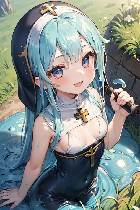 (1girl:1.5),((((Petite:1.4)))),,(verysmall breasts:1.4),,(having mace:1.5), (long blue hair:1.4),, (priest:1.5),(smile:1.2),(buried in slime:1.4), (grassland:1.3),