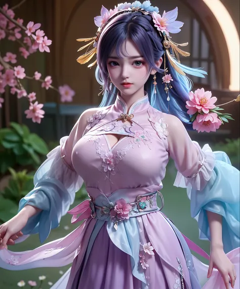 (8k, RAW photo:1.2), best quality, ultra high res,dramatic angle,(fluttered detailed color splashs), (illustration),(((1 girl))),(long hair),(rain:0.9), (Headdress:1.4),There is an ancient palace beside the girl,Hanfu,(Key Points),Color ink painting,(Splas...