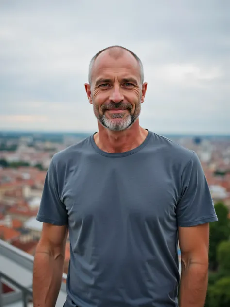 masterpiece,  best quality, high resolution,  Portrait,  male focus , Solofokus, A man,   45 years old , With t shirt, jeans , sneaker clothing,  sligthly bald silver her, wears summer clothes, her, hery forearms, glatze herstyle, cute and seductive face, ...