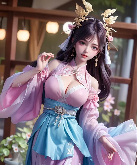 (8k, RAW photo:1.2), best quality, ultra high res,dramatic angle,(fluttered detailed color splashs), (illustration),(((1 girl))),(long hair),(rain:0.9), (Headdress:1.4),There is an ancient palace beside the girl,Hanfu,(Key Points),Color ink painting,(Splas...