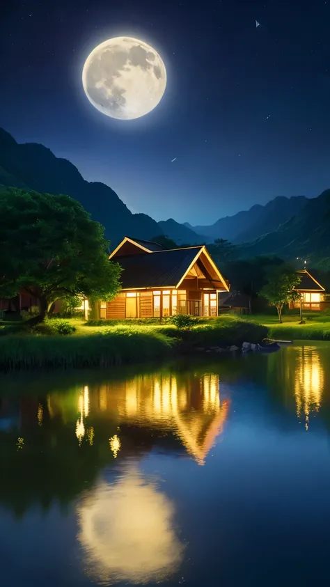 night view of Ajae's house,  Vietnam ,  Vietnam , Hasan,  Moon ,  Lake in Front ,  Quiet Nights , green and blue, Digital illustration, digital art in high detail in 4K, night view,  4k anime wallpaper ,  4k anime wallpaper , digital art in high detail 4K,...