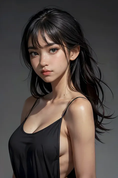 -----Best quality, masterpiece, ultra high res, (photorealistic:1.4), raw photo,1girl, solo, realistic, looking at viewer, upper body,simple gray background, black dress,