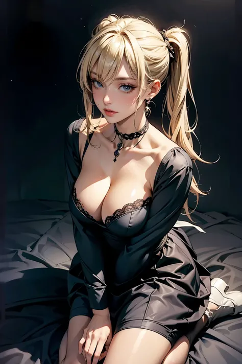  Japanese、 model、Blonde Ponytails、cleavage、gothic lolita fashion、Maid、Maid服、 dark background、 kneeling 