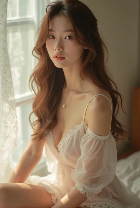  photo captures sexy white korean girl,  long brown hair , quiet,   summer ,   wearing a necklace,  partially undressed  , translucent , ชุดนอนลายตารางtranslucent,  White legs, ,    beautiful big boobs  