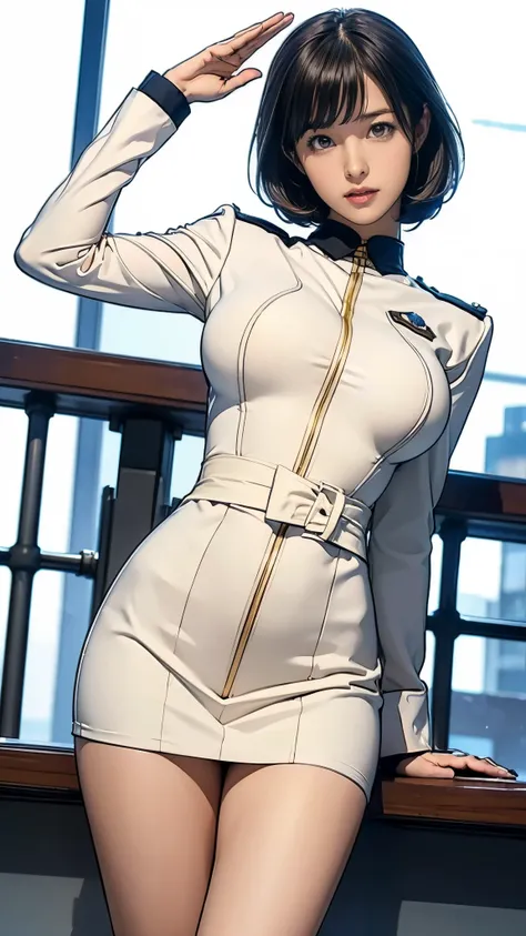  Earth Federation Force Operator Girl 、black short hair、 cute like an idol、ish face and appearance、Accurately drawn faces、thin、( Saggy Breasts :1.5),  Earth Federation Force uniform 、 white uniform、( fitted uniform with arms raised and tied:1.3)、Very thin ...