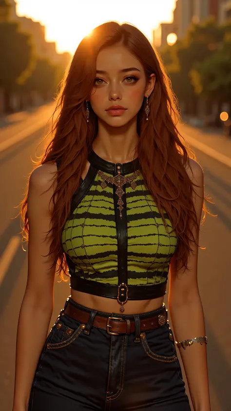8k, masterpiece, highest quality, woman, long wavy auburn hair, bright smile, green and black striped halter top, jeans, leather belt, sunset lighting, outdoor setting, soft focus background, jewelry, confident pose, fashion portrait, warm tones, shallow d...