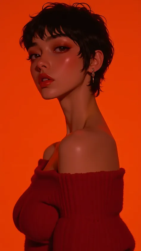 8k, masterpiece, highest quality, woman, short black hair, red lipstick, off-shoulder red sweater, intense gaze, warm lighting, orange background, soft focus, dramatic shadows, high contrast, fashion photography, cinematic style, elegant pose, shallow dept...