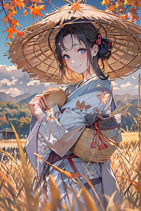 Japanese countryside、A woman in a rice field、A woman offers a bundle of rice with her hands、Smile、Beiyao 、anatomically correct、  a woman, (Highly Delicate Skin), curved,, Beautiful Chest, (  big  ), white skin, Pointed chest,  erect nipples , (Fantasy Art ...