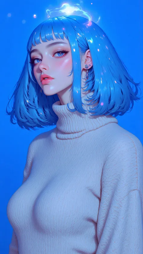 8k, masterpiece, highest quality, woman, vibrant blue hair, pink lipstick, knit sweater, light gray clothing, bright blue background, studio lighting, high-fashion, ethereal glow, soft focus, flawless skin, intense gaze