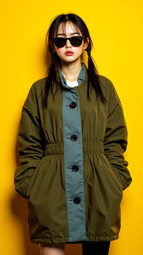 8k, Masterpiece, Top Quality, High-angle, frontal, neutral expression, large sunglasses, pigtails, oversized puffy coat, grey-blue button panel, olive-green, cinched waist, solid yellow background.