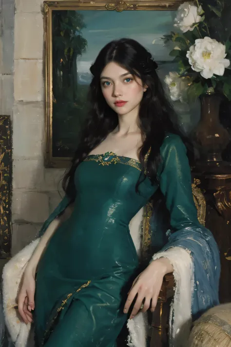 (oil painting:1.5),
\\
a woman with (long curtly hair ), ((green eyes)) winter, peony, (amy sol:0.248), nude , with blue dress,  (stanley artgerm lau:0.106), (a detailed painting:0.353), (gothic art:0.106)