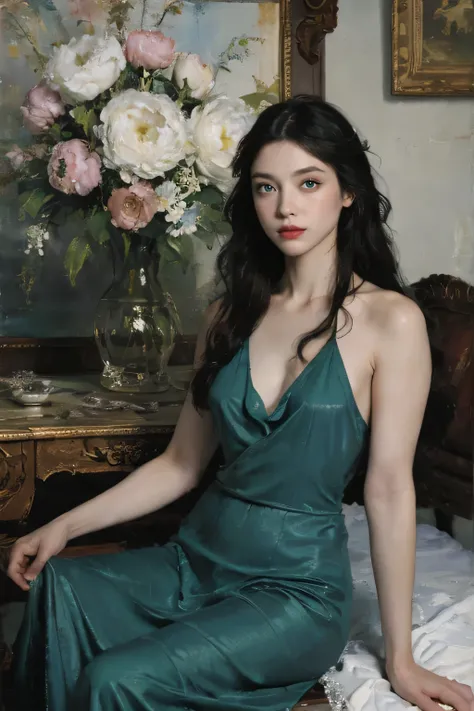 (oil painting:1.5),
\\
a woman with (long curtly hair ), ((green eyes)) winter, peony, (amy sol:0.248), nude , with blue dress,  (stanley artgerm lau:0.106), (a detailed painting:0.353), (gothic art:0.106)