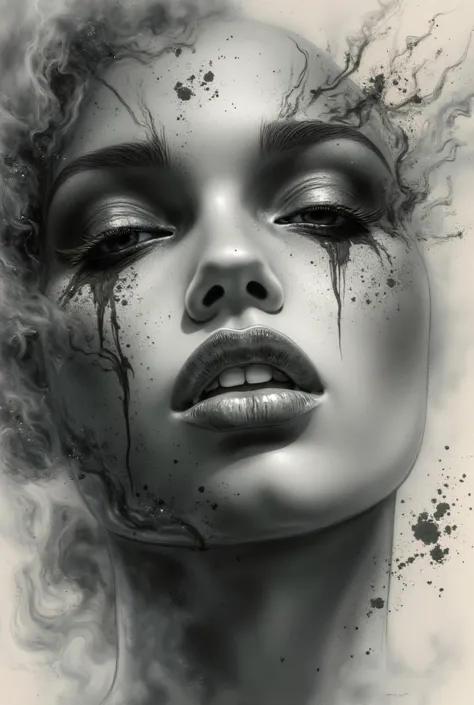 photorealistic, hyper detailed female face of smoke and black, white, and gray color. Added in a style reference, a composition reference, Hyper realistic, splash images, splattering, Fauvism, Geometric, Marble.