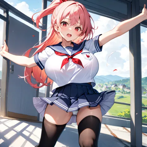 masterpiece, landscape, school, (longtorso_v0.63_pony), bouncing breasts, large breasts, BREAK, very skinny girl standing, arched back, tiptoe, pigeon toed, BREAK, school uniform, (sailor uniform with red tie), flapping too short skirt, thigh gap, black th...