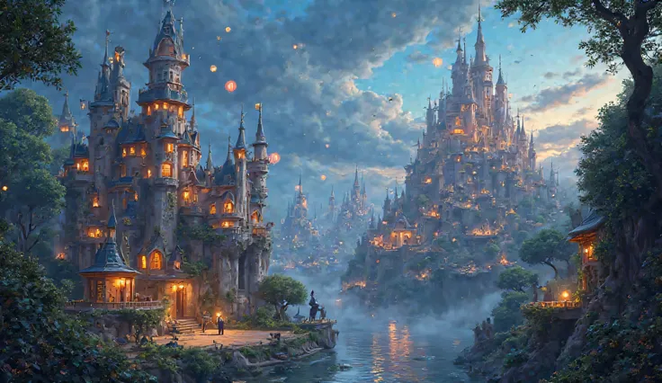 A 3D animated Disney Pixar styled mystical beautiful magical land with grand castles, floating lanterns, and an enchanted forest