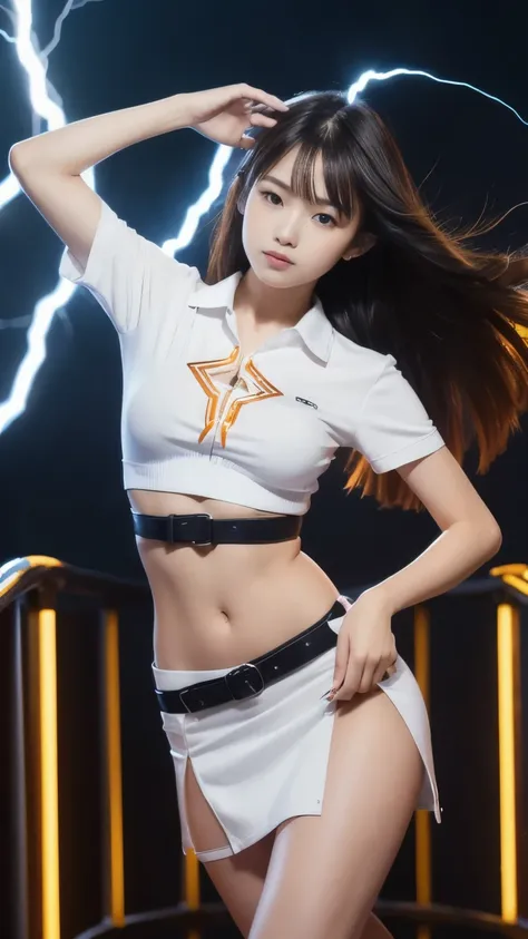 (ธาตุelectricity:1.2), Knee shot, An 18-year-old woman in a fine art costume of a Thai university student, long straight electricity hair,  white short sleeve shirt ,  Tight black mini skirt ,  brown belt ,  white sneakers , great works:1.2, high profile, ...