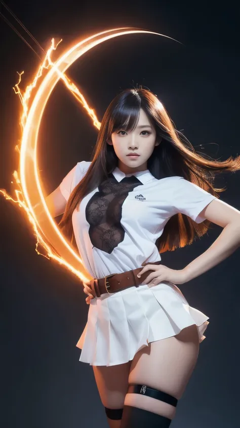 (ธาตุelectricity:1.2), Knee shot, An 18-year-old woman in a fine art costume of a Thai university student, long straight electricity hair,  white short sleeve shirt ,  Tight black mini skirt ,  brown belt ,  white sneakers , great works:1.2, high profile, ...