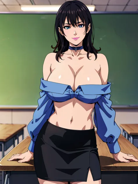 Squatting on top of table, Black choker, off shoulder blue dress, navel, black pencil skirt, classroom background, mi, anime cels style, best quality, high resolution, 1girl, (large breasts:1.2), beautiful face, blue eye, cowboy shot, pink lipstick, light ...