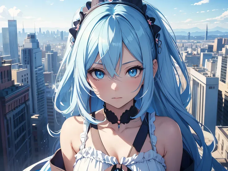 Anime girl character with flowing  soft blue hair, and wearing a dress, with a background city (best quality:1.1), (masterpiece:1.2), high quality shadow, beautiful detailed, (high detailed skin, skin details), (wide_landscape, 8k), beautiful face, detaile...