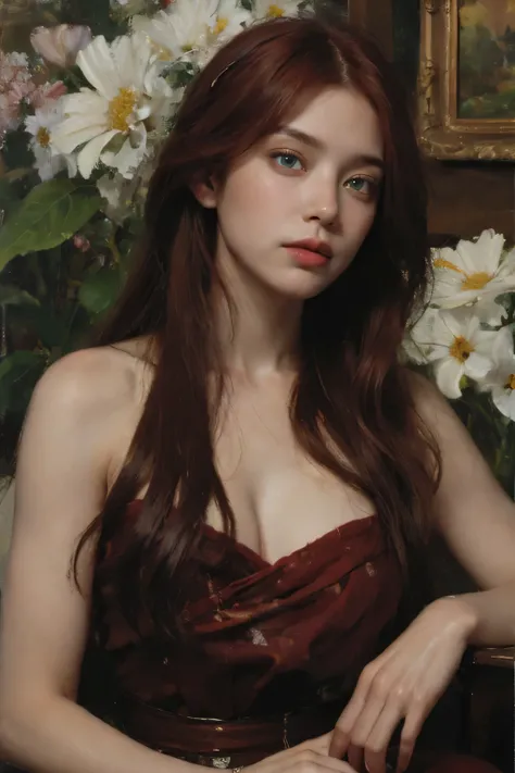 (oil painting:1.5),
\\
a woman with (red long curtly hair ), ((green eyes)) ain a field of  flowers, (amy sol:0.248), nude , with red dress,  (stanley artgerm lau:0.106), (a detailed painting:0.353), (gothic art:0.106)