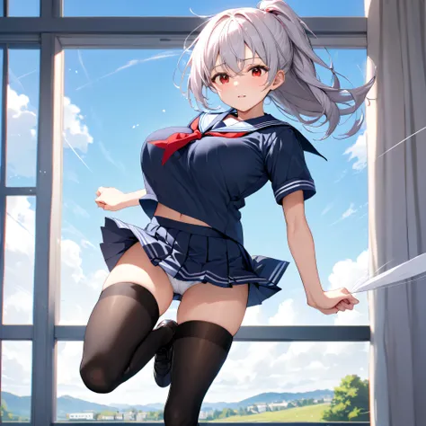 masterpiece, landscape, school, (longtorso_v0.63_pony), (bouncing breasts), large breasts, BREAK, very skinny girl standing, arched back, tiptoe, pigeon toed, BREAK, school uniform, (sailor uniform with red tie), flapping too short skirt, thigh gap, black ...