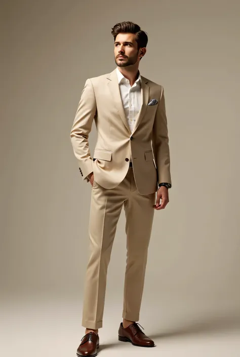 Stylish man in beige formal suit in studio