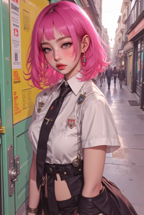 (1 girl,french bob pink haircut, ,,, school girl attire, oily skin, blush,wet skin