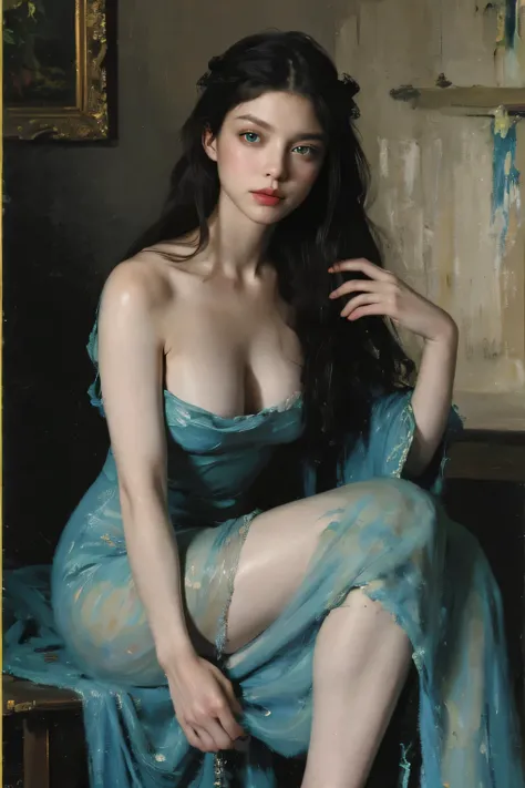 (oil painting:1.5),
\\
a woman with (long curtly hair ), ((green eyes)) winter, peony, (amy sol:0.248), nude , with blue dress,  (stanley artgerm lau:0.106), (a detailed painting:0.353), (gothic art:0.106)