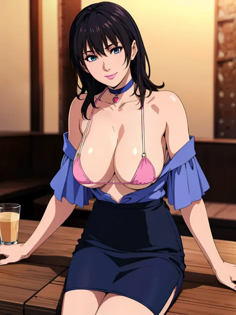 Sitting on table, pink bikini, Black choker, off shoulder blue dress, black pencil skirt, inside cafe background, mi, anime cels style, best quality, high resolution, 1girl, (large breasts:1.2), beautiful face, blue eye, cowboy shot, pink lipstick, light s...