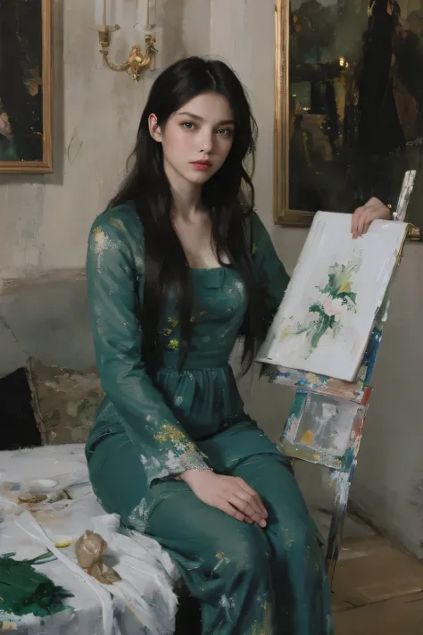 (oil painting:1.5),
\\
a woman with (long curtly hair ), ((green eyes)) winter, peony, (amy sol:0.248), nude , with blue dress,  (stanley artgerm lau:0.106), (a detailed painting:0.353), (gothic art:0.106)