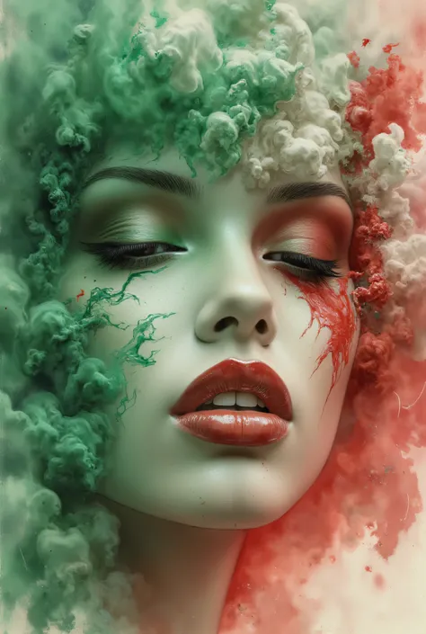 photorealistic, hyper detailed female face of smoke and green, white, and red color. Added in a style reference, a composition reference, Hyper realistic, splash images, splattering, Fauvism, Geometric, Marble.