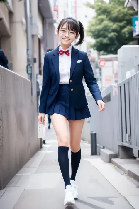 Facade of a female junior high school student walking through the streets of Japan,navy blue plain pleated micro miniskirt,navy blue blazer, navy blue high socks,Sneakers,black hair ponytail, quick bangs, high quality glasses ,Taiwanese girl's smile,