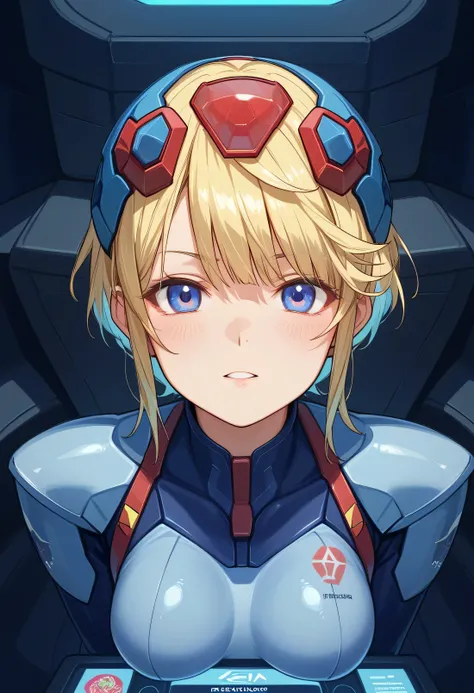 ((Holographic Glow Effect))、 Gundam Wing Cockpit, Lantern、masterpiece、Highest quality、1 person、medium bust、((Album Cover))、light on face、slender body、white and blue pilot suit with enamel finish、 elbow length gloves 、long hard boots 、exoskeleton、Metal G...
