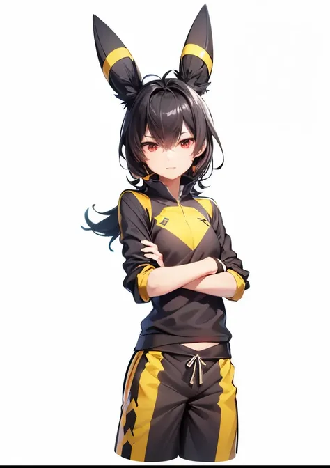 "An anime character with a tomboy look and long dark gray hair with highlights,  Intense red eyes, dressed in a black outfit with yellow and orange details.  His expression is serious and challenging , with arms crossed. She wears Umbreon ears on her head,...