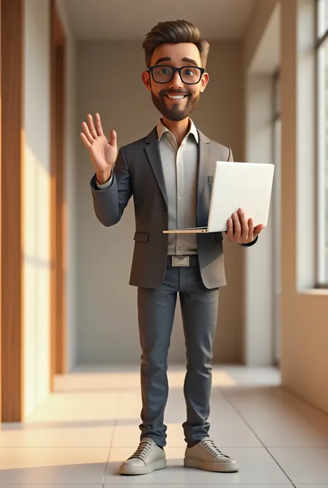 create a 3d  men full model wear a glasses small hairs and less beard as well  light brown skin color and stand in the coridoor . On his one hand he took a laptop and other hand he greeting . say hi. 